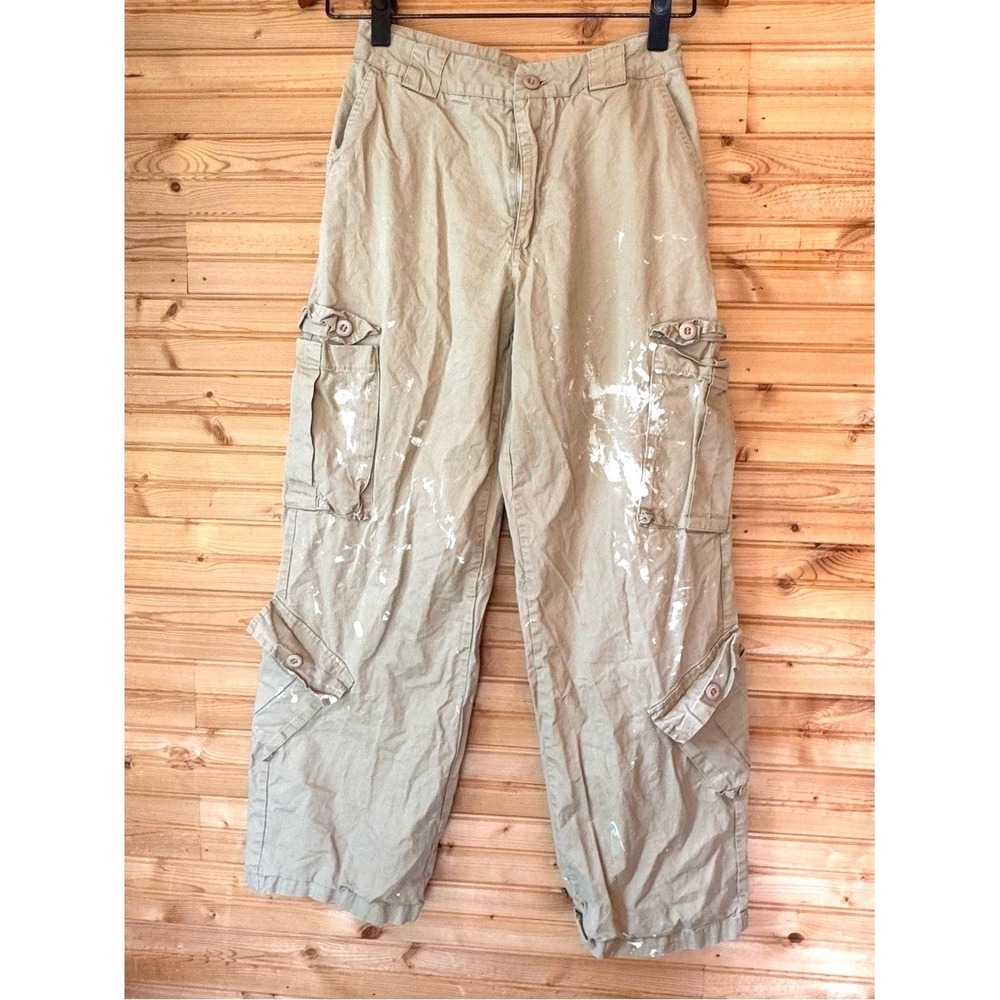 Cargo Pants Paint Thrashed Small Tan Utility Grunge Street Y2K Taper Pockets